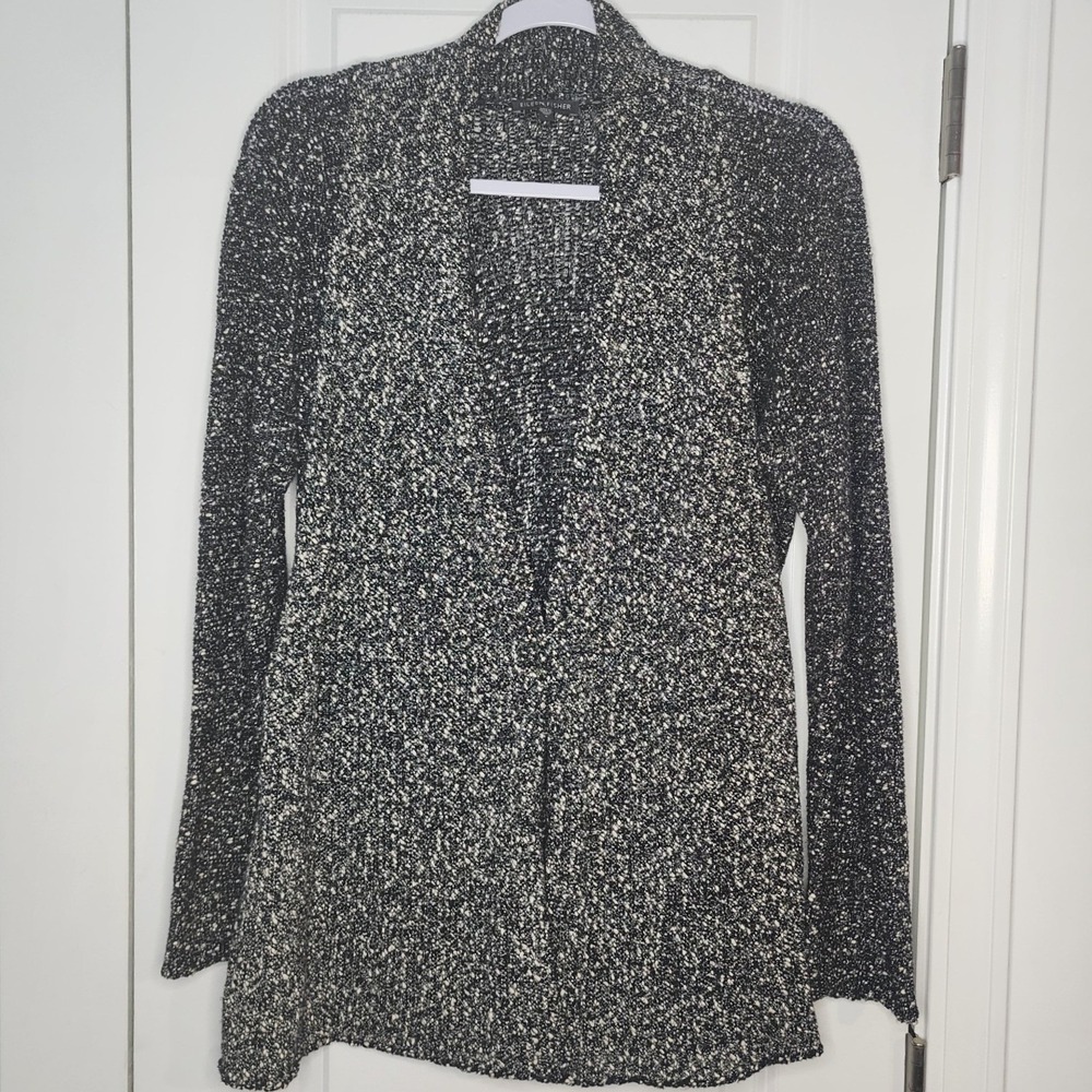 Eileen Fisher Black White Marled Cotton Knit Open Front Cardigan Sweater Small